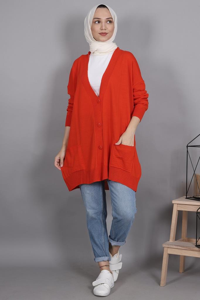 Önü Düğmeli Oversize Hırka Turuncu