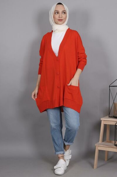 Önü Düğmeli Oversize Hırka Turuncu