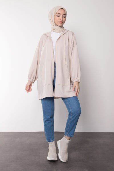 Oversize Kesim Kapüşonlu Fermuarlı Tesettür Tunik Krem