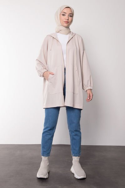 Oversize Kesim Kapüşonlu Fermuarlı Tesettür Tunik Krem