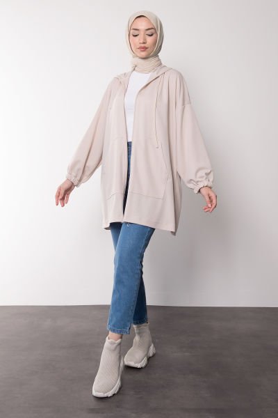 Oversize Kesim Kapüşonlu Fermuarlı Tesettür Tunik Krem