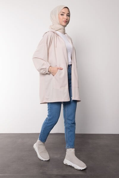 Oversize Kesim Kapüşonlu Fermuarlı Tesettür Tunik Krem
