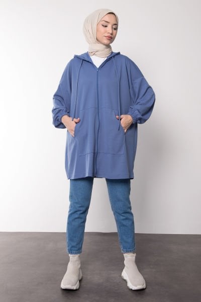 Oversize Kesim Kapüşonlu Fermuarlı Tesettür Tunik İndigo