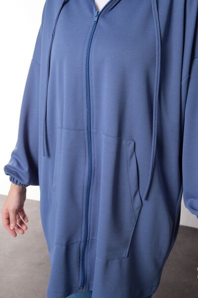 Oversize Kesim Kapüşonlu Fermuarlı Tesettür Tunik İndigo