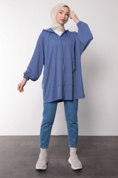 Oversize Kesim Kapüşonlu Fermuarlı Tesettür Tunik İndigo