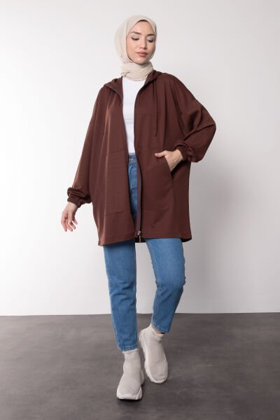 Oversize Kesim Kapüşonlu Fermuarlı Tesettür Tunik Kahverengi