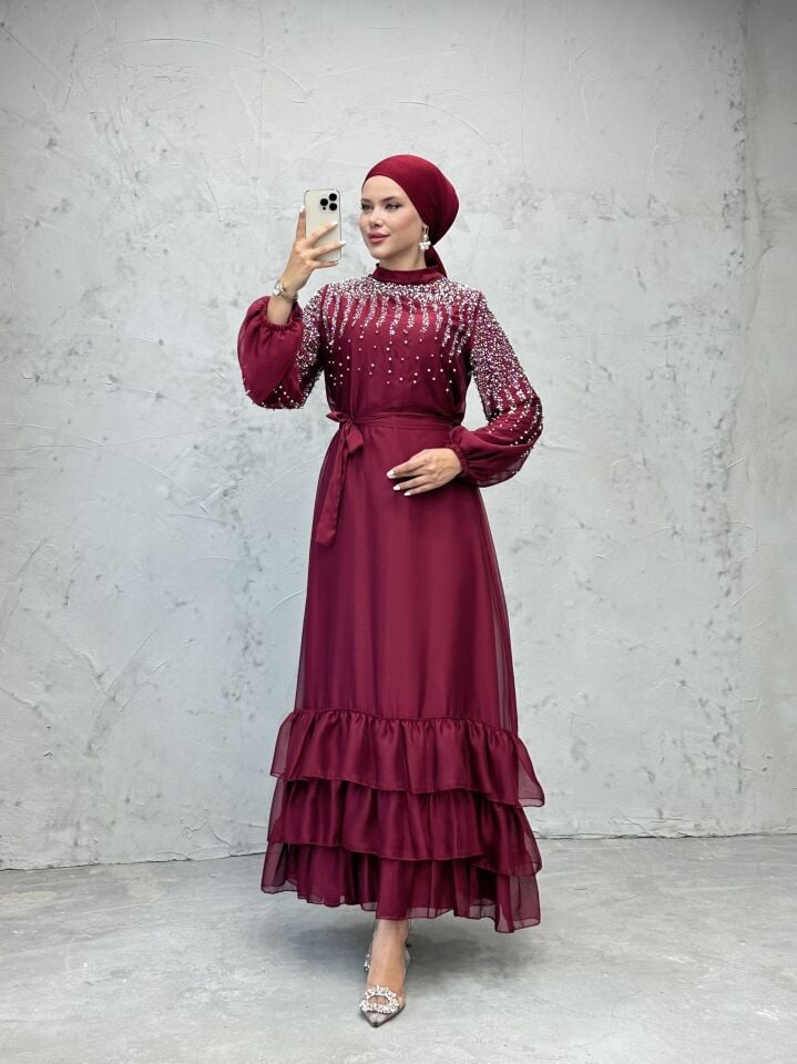 Mini İnci ve Taş İşlemeli Kat Etekli Tül Abiye Bordo