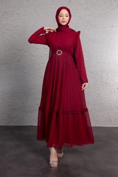Mini Piliseli ve Fırfırlı Tesettür Şifon Abiye Bordo
