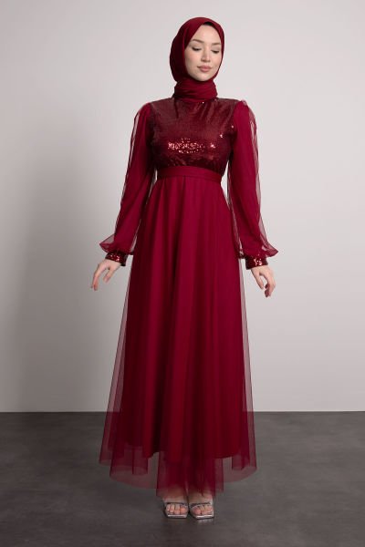 Organze Kol Payet Detaylı Tesettür Abiye Bordo
