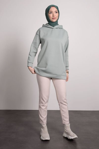 Kapüşonlu Tesettür Sweat Su Yeşili