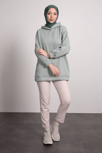 Kapüşonlu Tesettür Sweat Su Yeşili