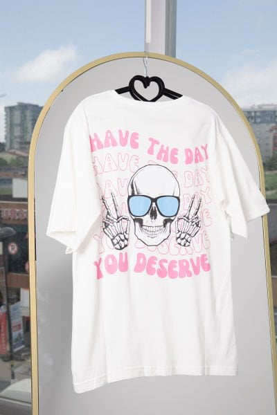 Desenli Baskılı T shirt Beyaz