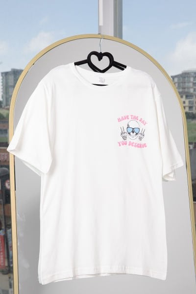 Desenli Baskılı T shirt Beyaz