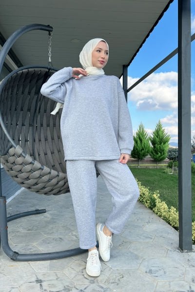 Sportfif Kesim Rahat Kalıp Tesettür Polar Takım Gri