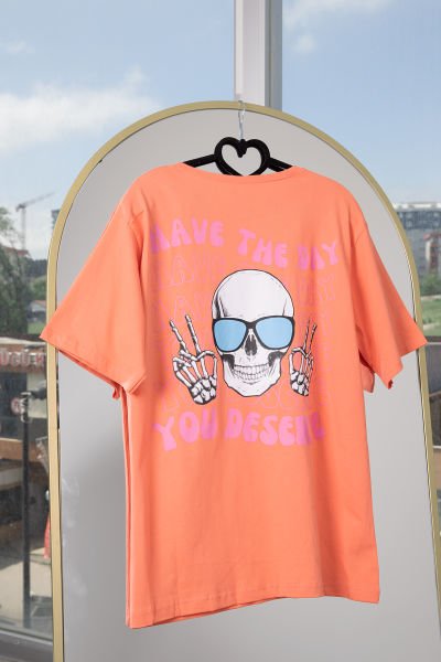 Desenli Baskılı T shirt Turuncu