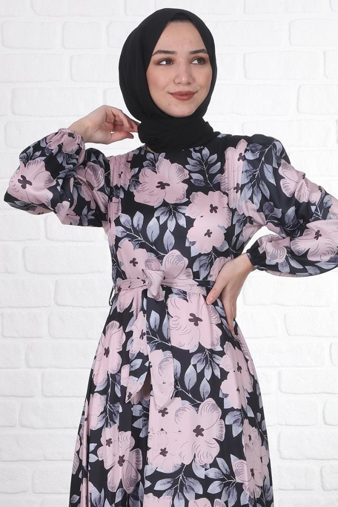 Beli Kuşaklı Desenli Bilek Boy Tesettür Elbise Siyah Pembe Çiçekli