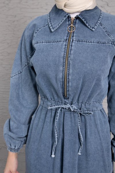 Fermuarlı Jean Beli Ayarlanabilir Tesettür Elbise Mavi