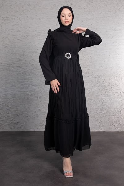 Mini Piliseli ve Fırfırlı Tesettür Şifon Abiye Siyah