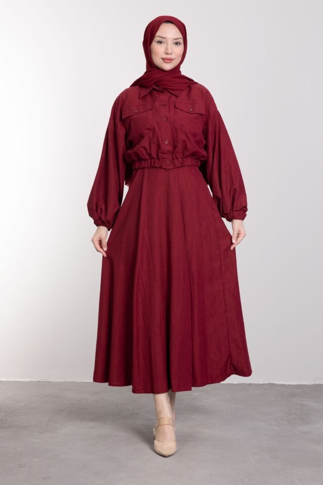 Spor Crop Ceketli Etekli Tesettür Takım Bordo