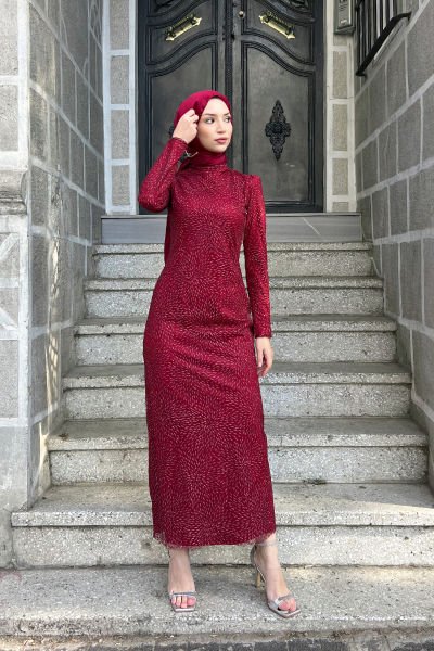 Oval Damlacık Desenli Simli İşlemeli Tesettür Abiye Bordo