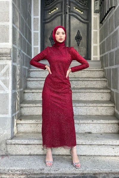 Oval Damlacık Desenli Simli İşlemeli Tesettür Abiye Bordo