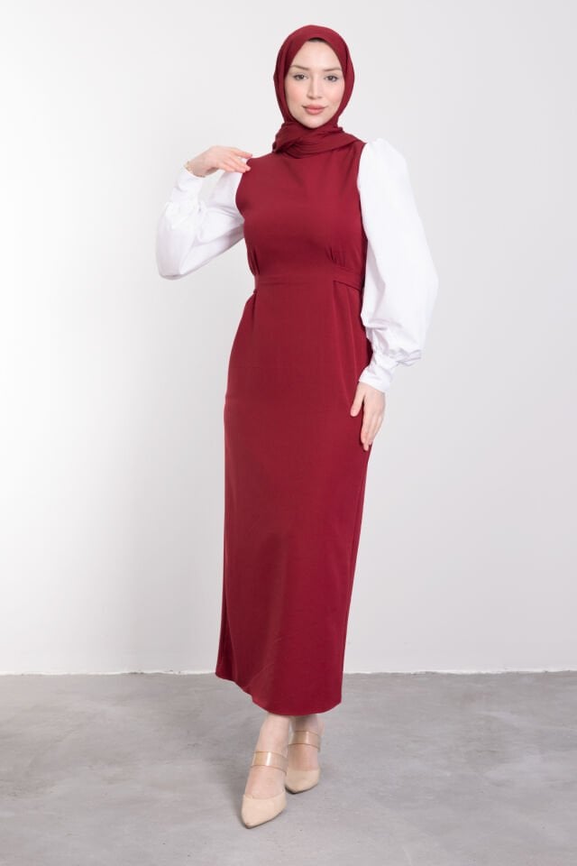 Kolları Gömlek Detaylı Belden Oturtmalı Tesettür Elbise Bordo