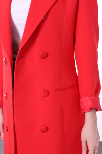 Düğme Detaylı Uzun Blazer Ceket Kırmızı