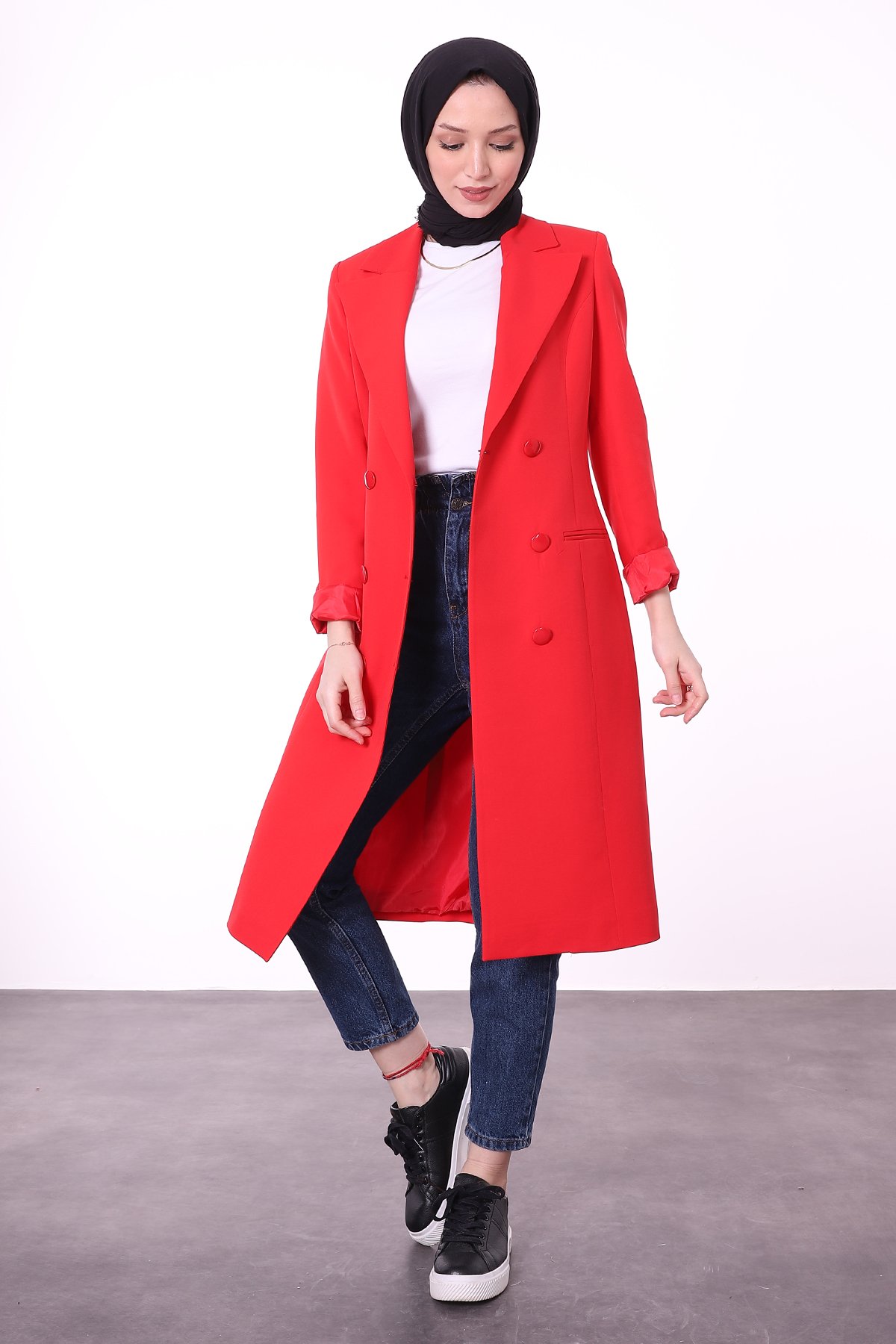 Düğme Detaylı Uzun Blazer Ceket Kırmızı