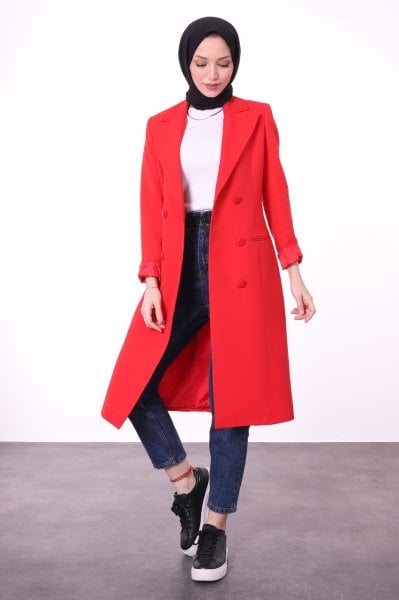 Düğme Detaylı Uzun Blazer Ceket Kırmızı