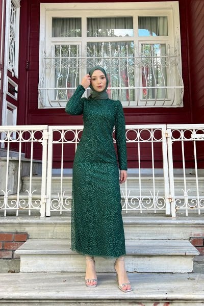 Oval Damlacık Desenli Simli İşlemeli Tesettür Abiye Zümrüt