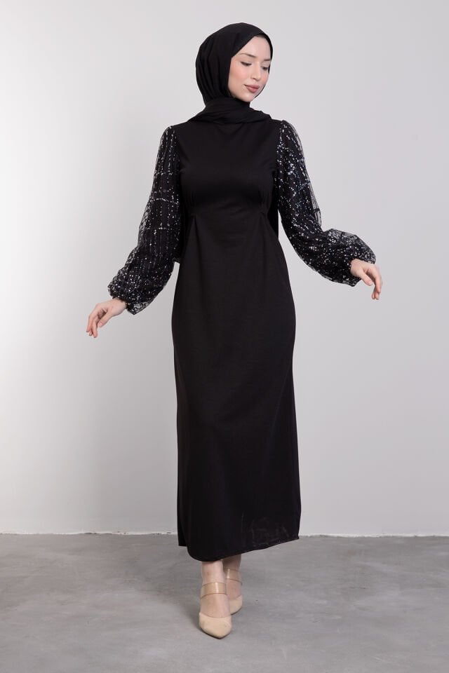Kolları Gümüş Işıltıllı Sim İşlemeli Tesettür Abiye Siyah