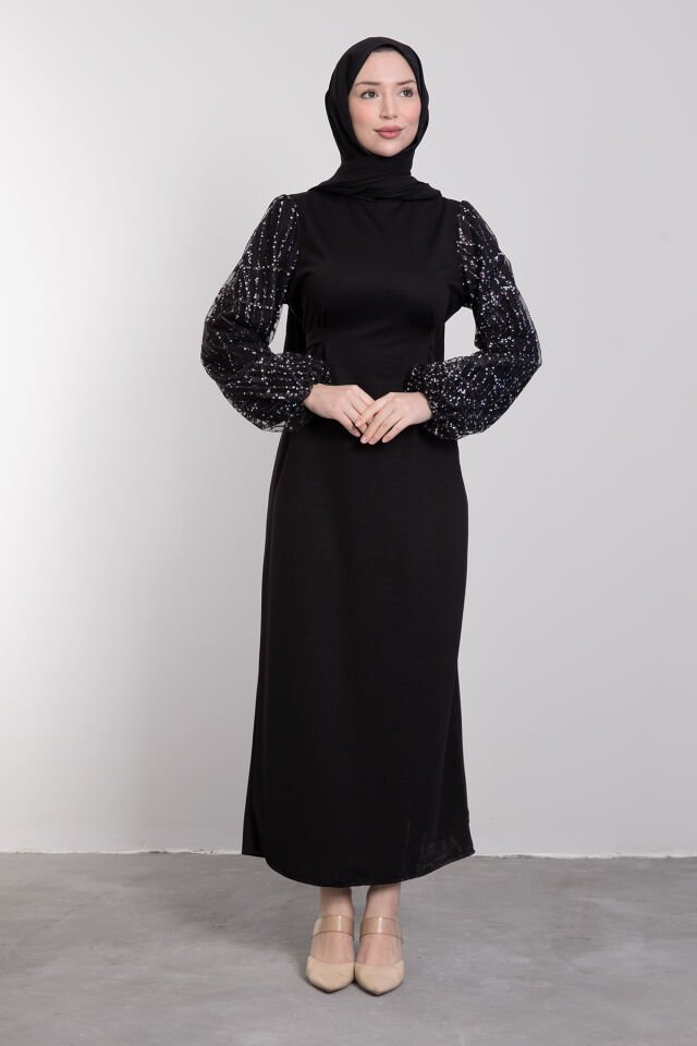 Kolları Gümüş Işıltıllı Sim İşlemeli Tesettür Abiye Siyah