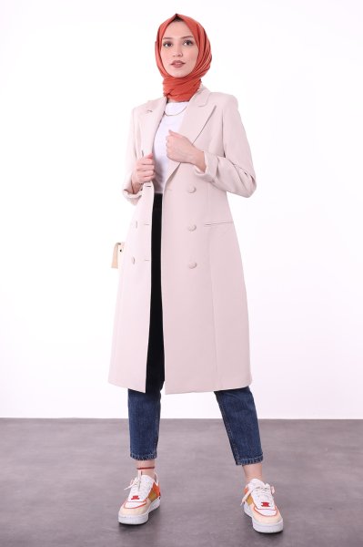 Düğme Detaylı Uzun Blazer Ceket Krem