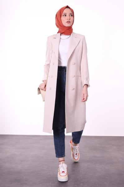 Düğme Detaylı Uzun Blazer Ceket Krem