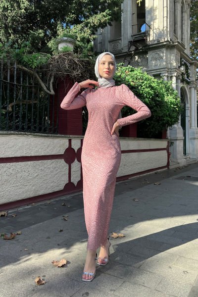 Oval Damlacık Desenli Simli İşlemeli Tesettür Abiye Pudra