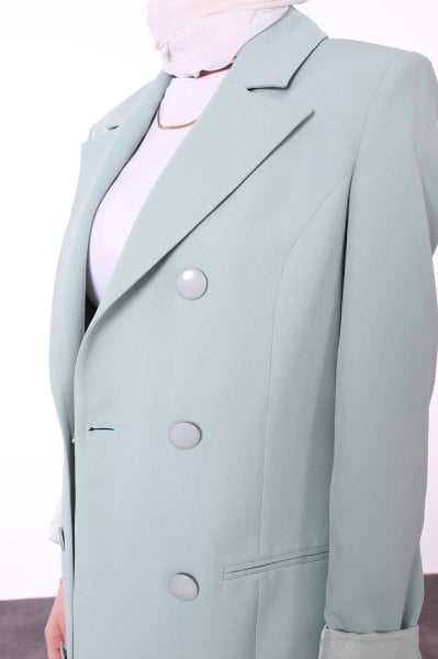 Düğme Detaylı Uzun Blazer Ceket Su Yeşili