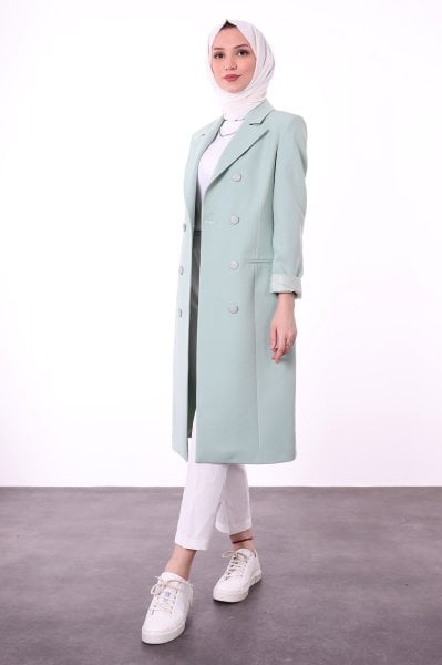 Düğme Detaylı Uzun Blazer Ceket Su Yeşili