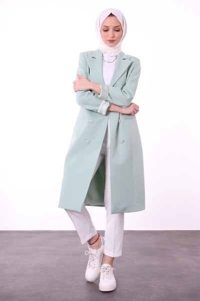 Düğme Detaylı Uzun Blazer Ceket Su Yeşili