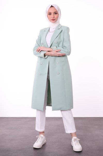 Düğme Detaylı Uzun Blazer Ceket Su Yeşili