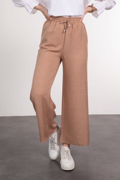 Beli Bağcıklı Geniş Rahat Kesim Tesettür Pantolon Vizon