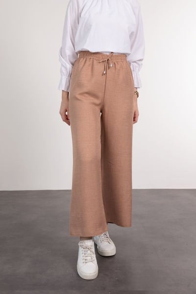Beli Bağcıklı Geniş Rahat Kesim Tesettür Pantolon Vizon