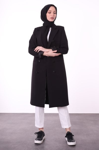Düğme Detaylı Uzun Blazer Ceket Siyah