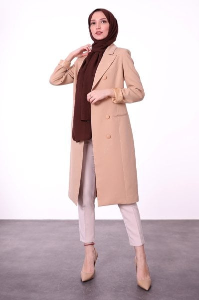Düğme Detaylı Uzun Blazer Ceket Vizon