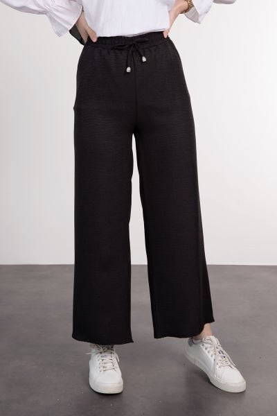 Beli Bağcıklı Geniş Rahat Kesim Tesettür Pantolon Siyah