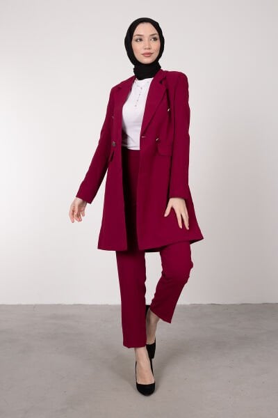 Klasik Yaka Tesettür Döpiyes Takım Bordo