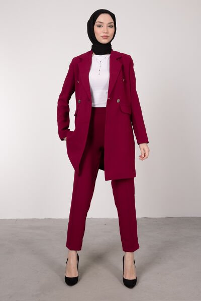 Klasik Yaka Tesettür Döpiyes Takım Bordo