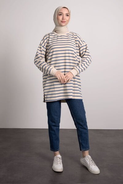 Çizgi Detaylı Pamuklu Kumaş Tesettür Sweat Mavi