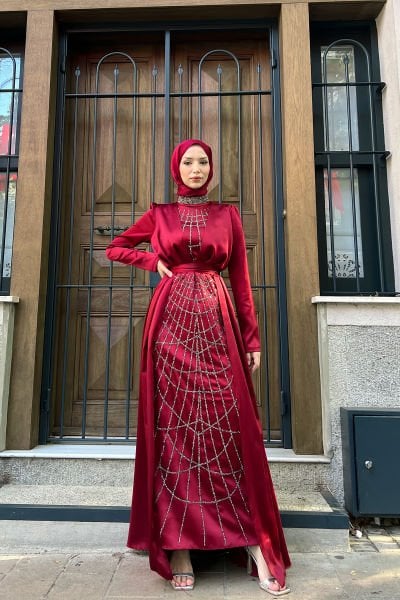 İçi Ağ Desenli Simli Işıltılı Tesettür Abiye Bordo