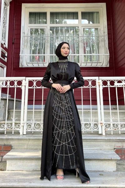 İçi Ağ Desenli Simli Işıltılı Tesettür Abiye Siyah