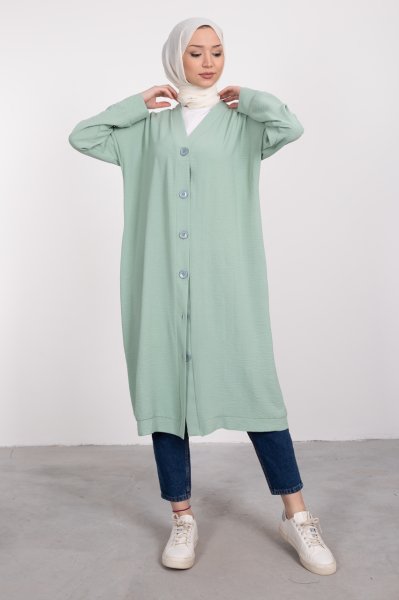 Boydan Düğmeli Oversize Tesettür Tunik Su Yeşili